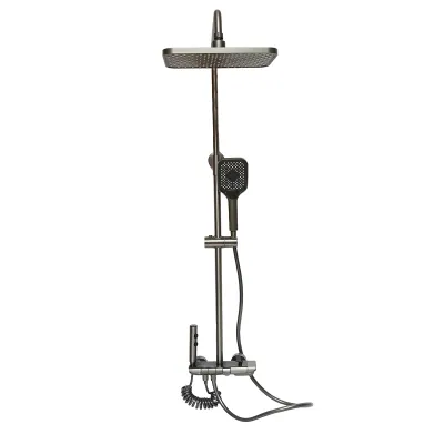 Set dus multifunctional cu termostat, afisaj digital temperatura apa, 4 functii de curgere a apei, pipa cada, dus dreptunghiular, dus de mana, dus bideu, gri - imagine 3