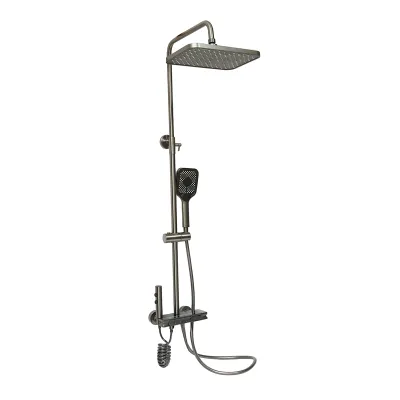 Set dus multifunctional cu termostat, afisaj digital temperatura apa, 4 functii de curgere a apei, pipa cada, dus dreptunghiular, dus de mana, dus bideu, gri