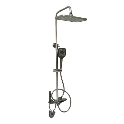 Set dus multifunctional cu termostat, afisaj digital temperatura apa, 4 functii de curgere a apei, pipa cada, dus dreptunghiular, dus de mana, dus bideu, gri