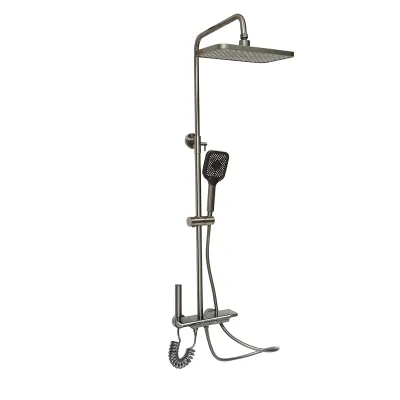 Set dus multifunctional cu termostat, afisaj digital temperatura apa, 4 functii de curgere a apei, pipa cada, dus dreptunghiular, dus de mana, dus bideu, gri