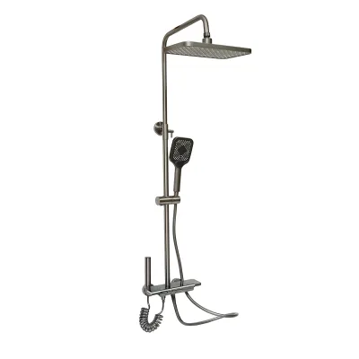 Set dus multifunctional cu termostat, afisaj digital temperatura apa, 4 functii de curgere a apei, pipa cada, dus dreptunghiular, dus de mana, dus bideu, gri