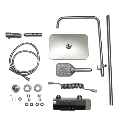 Set dus multifunctional cu termostat, afisaj digital temperatura apa, 4 functii de curgere a apei, pipa cada, dus dreptunghiular, dus de mana, dus bideu, gri - imagine 2
