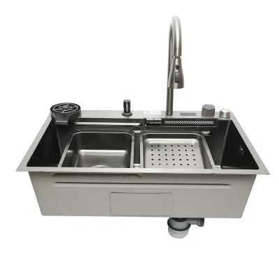 Chiuveta bucatarie multifunctionala din otel inoxidabil cu afisaj digital temperatura, functie cascada, spalator pahare, dozator sapun, scurgator, tava, tocator si accesorii incluse, dimensiune 75x46x23.5cm