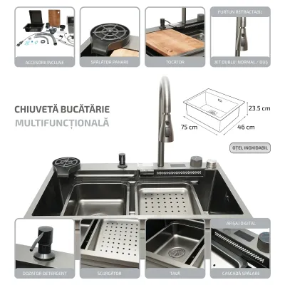 Chiuveta bucatarie multifunctionala din otel inoxidabil cu afisaj digital temperatura, functie cascada, spalator pahare, dozator sapun, scurgator, tava, tocator si accesorii incluse, dimensiune 75x46x23.5cm - imagine 2