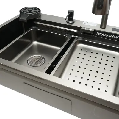 Chiuveta bucatarie multifunctionala din otel inoxidabil cu afisaj digital temperatura, functie cascada, spalator pahare, dozator sapun, scurgator, tava, tocator si accesorii incluse, dimensiune 75x46x23.5cm - imagine 8