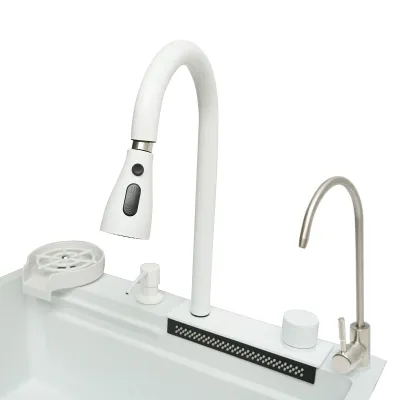 Chiuveta bucatarie multifunctionala din otel inoxidabil cu doua baterii, functie cascada, spalator pahare, dozator sapun, scurgator, tava, tocator si accesorii scurgere incluse, dimensiune 60x45x22cm - imagine 8