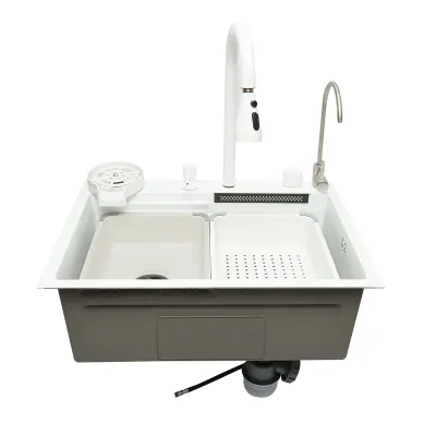 Chiuveta bucatarie multifunctionala din otel inoxidabil cu doua baterii, functie cascada, spalator pahare, dozator sapun, scurgator, tava, tocator si accesorii scurgere incluse, dimensiune 60x45x22cm