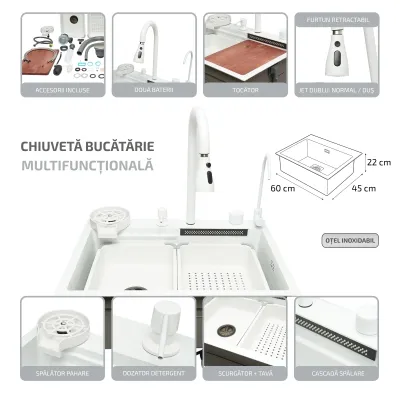 Chiuveta bucatarie multifunctionala din otel inoxidabil cu doua baterii, functie cascada, spalator pahare, dozator sapun, scurgator, tava, tocator si accesorii scurgere incluse, dimensiune 60x45x22cm - imagine 2