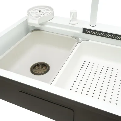 Chiuveta bucatarie multifunctionala din otel inoxidabil cu doua baterii, functie cascada, spalator pahare, dozator sapun, scurgator, tava, tocator si accesorii scurgere incluse, dimensiune 60x45x22cm - imagine 7