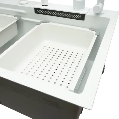 Chiuveta bucatarie multifunctionala din otel inoxidabil cu doua baterii, functie cascada, spalator pahare, dozator sapun, scurgator, tava, tocator si accesorii scurgere incluse, dimensiune 75x46x23.5cm - imagine 10