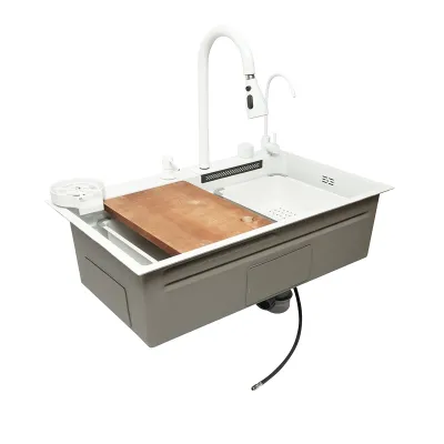 Chiuveta bucatarie multifunctionala din otel inoxidabil cu doua baterii, functie cascada, spalator pahare, dozator sapun, scurgator, tava, tocator si accesorii scurgere incluse, dimensiune 75x46x23.5cm - imagine 4