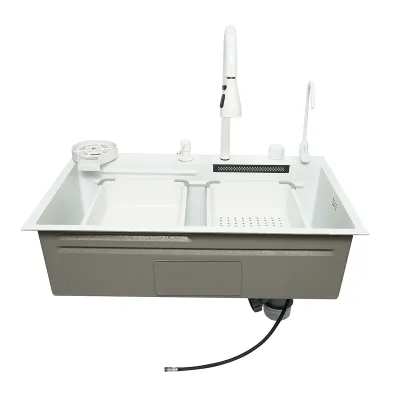 Chiuveta bucatarie multifunctionala din otel inoxidabil cu doua baterii, functie cascada, spalator pahare, dozator sapun, scurgator, tava, tocator si accesorii scurgere incluse, dimensiune 75x46x23.5cm