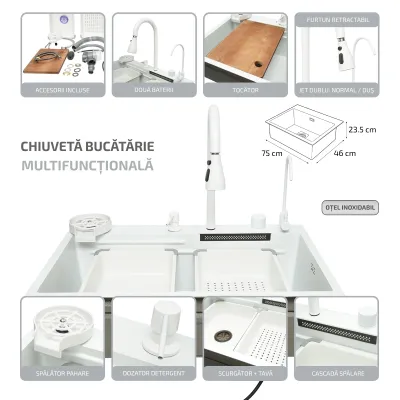 Chiuveta bucatarie multifunctionala din otel inoxidabil cu doua baterii, functie cascada, spalator pahare, dozator sapun, scurgator, tava, tocator si accesorii scurgere incluse, dimensiune 75x46x23.5cm - imagine 2