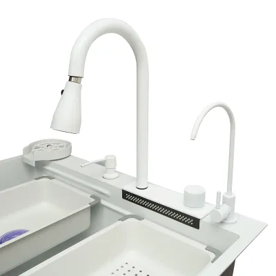 Chiuveta bucatarie multifunctionala din otel inoxidabil cu doua baterii, functie cascada, spalator pahare, dozator sapun, scurgator, tava, tocator si accesorii scurgere incluse, dimensiune 75x46x23.5cm - imagine 7