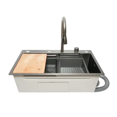 Chiuveta bucatarie multifunctionala din otel inoxidabil cu functie cascada, scurgator, tava, tocator si accesorii incluse, dimensiune 75x46x22cm - imagine 7