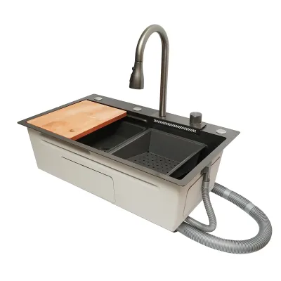 Chiuveta bucatarie multifunctionala din otel inoxidabil cu functie cascada, scurgator, tava, tocator si accesorii incluse, dimensiune 75x46x22cm - imagine 5