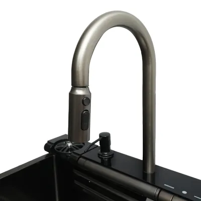 Chiuveta bucatarie multifunctionala din otel inoxidabil cu doua baterii, afisaj digital temperatura, doua cascade, spalator pahare, scurgator, tava, tocator si accesorii incluse, dimensiune 75x46x22cm - imagine 12