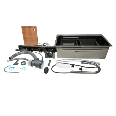 Chiuveta bucatarie multifunctionala din otel inoxidabil cu doua baterii, afisaj digital temperatura, doua cascade, spalator pahare, scurgator, tava, tocator si accesorii incluse, dimensiune 75x46x22cm - imagine 3