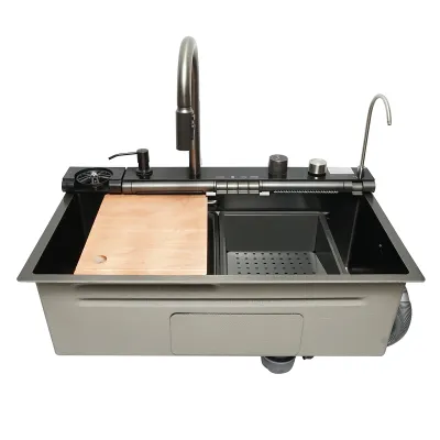 Chiuveta bucatarie multifunctionala din otel inoxidabil cu doua baterii, afisaj digital temperatura, doua cascade, spalator pahare, scurgator, tava, tocator si accesorii incluse, dimensiune 75x46x22cm