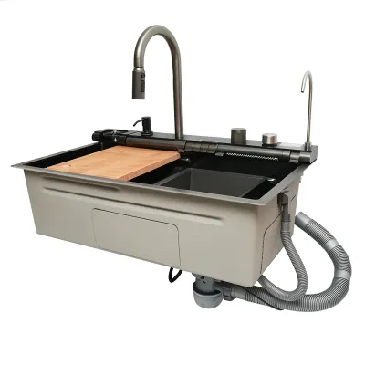 Chiuveta bucatarie multifunctionala din otel inoxidabil cu doua baterii, afisaj digital temperatura, doua cascade, spalator pahare, scurgator, tava, tocator si accesorii incluse, dimensiune 75x46x22cm - imagine 6