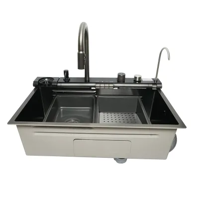 Chiuveta bucatarie multifunctionala din otel inoxidabil cu doua baterii, afisaj digital temperatura, doua cascade, spalator pahare, scurgator, tava, tocator si accesorii incluse, dimensiune 75x46x22cm - imagine 8