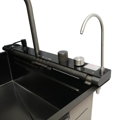 Chiuveta bucatarie multifunctionala din otel inoxidabil cu doua baterii, afisaj digital temperatura, doua cascade, spalator pahare, scurgator, tava, tocator si accesorii incluse, dimensiune 75x46x22cm - imagine 9