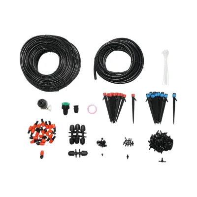 Kit complet irigare prin picurare si pulverizare cu 2 furtunuri 8m/62m, duze, microaspersoare, conectori 145 piese