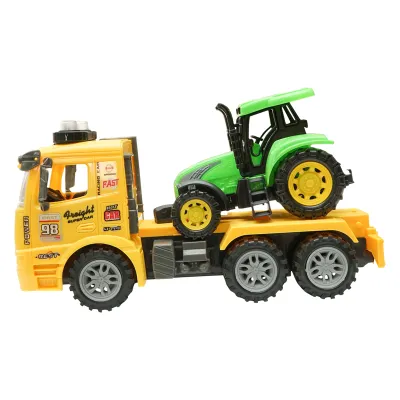 Camion galben cu detalii autentice de tip trailer pe baterii impreuna cu tractor verde de jucarie - imagine 3