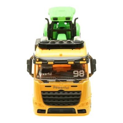 Camion galben cu detalii autentice de tip trailer pe baterii impreuna cu tractor verde de jucarie - imagine 4